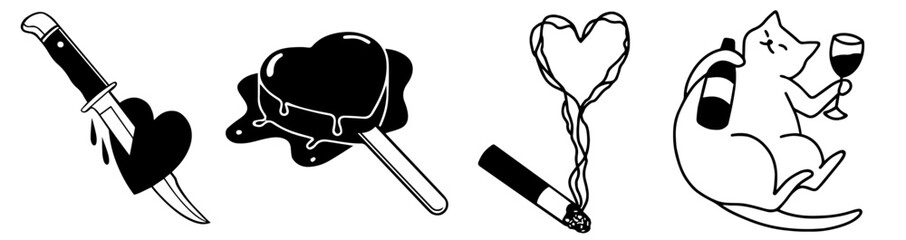 Heart with Knife, Melting Heart Ice Cream, Cigarette Smoke Forming Heart, Rat Holding Wine Glass. Broken Heart, Sarcastic Romance, Emotional, Irony in Love, Relationship