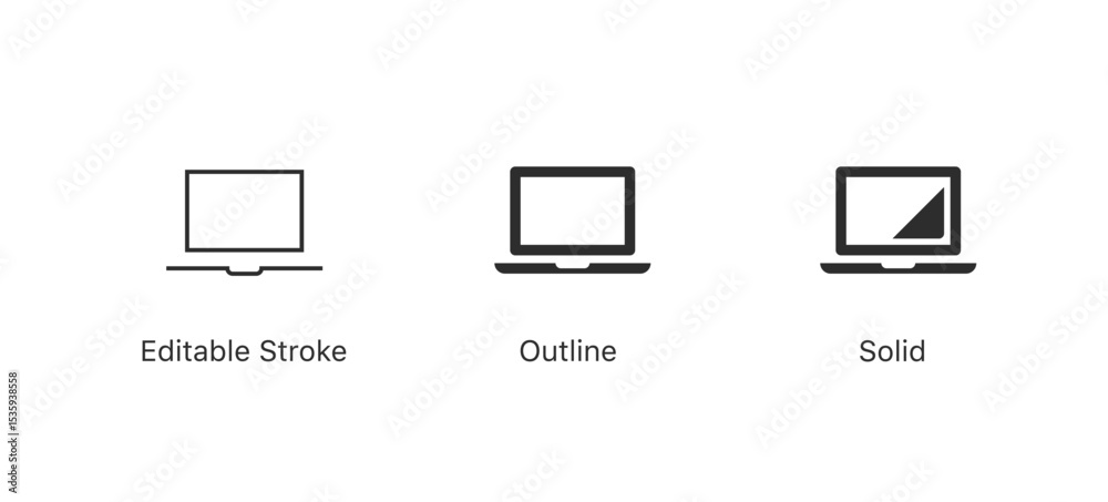 Aufkleber Laptop computer icons in editable stroke, outline, and solid styles. Minimalist vector set for technology, devices, UX/UI, and web or app interface designs