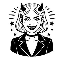 Cool Devil Girl Evil Woman from Hell with Horns in Jacket