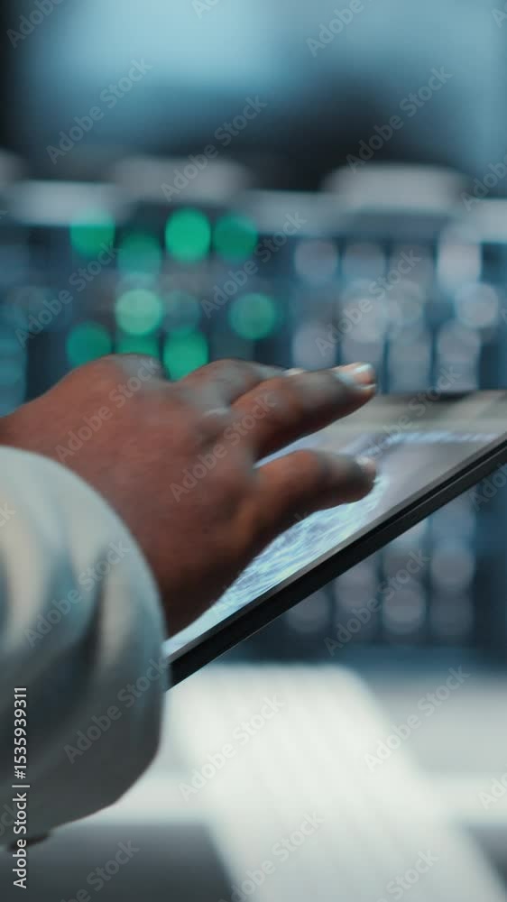 Poster vertical video manager walking in server hub using tablet to find firewall misconfigurations affecti