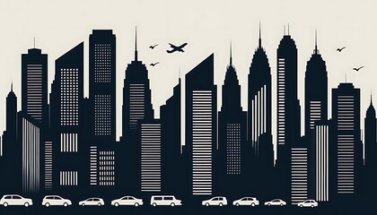 Stylized cityscape silhouette with urban mobility theme illustration