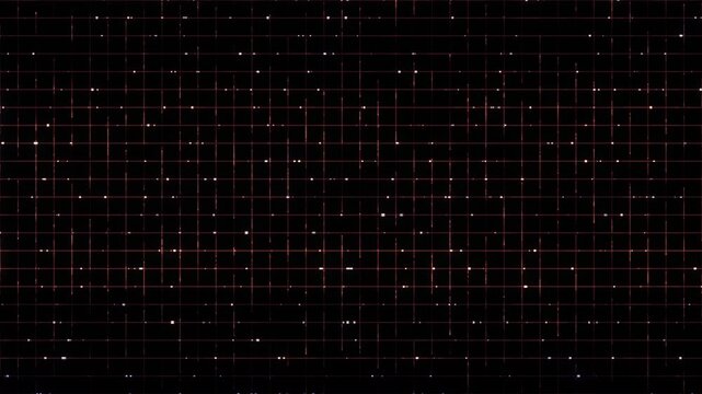 Abstract animated grid background with small squares moving horizontally and subtle distortions in the grid lines. Glitch and glow effects on top of it. Overlay. Continuous loop. Screensaver.