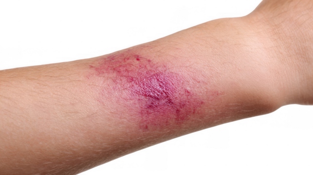 Showing a painful hematoma resulting from trauma, this medical image presents a large purple bruise on an arm, isolated on a transparent background for easy integration into various projects