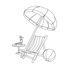 Continuous one line drawing of a deck chair, an umbrella and a small table with cocktail. Summer vacation concept. Vector illustration