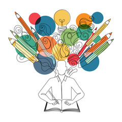 Continuous one line drawing of a person with a sketchbook, lightbulb and pencils flying over his head. Line art concept of creative process, imagination and inspiration. Vector illustration  © Olena