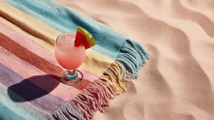 Fototapeta na wymiar Beach towel and tropical drink on sand