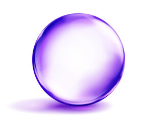 Large translucent smooth purple sphere with highlights and soft shadow underneath, on white background. Vector illustration for design projects and creative works.