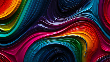 Vibrant abstract fluid art illustration featuring dynamic swirls of mixed rainbow colors