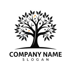 Obraz premium Black and white stylized tree logo, with leaves and fallen seeds