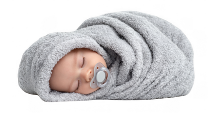 Newborn baby sleeping peacefully wrapped in a soft grey towel with a pacifier, isolated on a transparent background, perfect for parenting, childcare, and baby product promotions