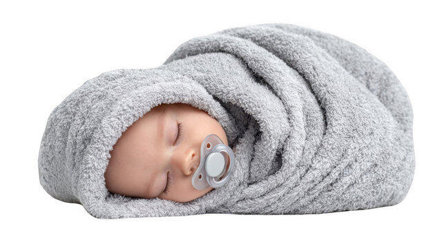 Newborn baby sleeping peacefully wrapped in a soft grey towel with a pacifier, isolated on a transparent background, perfect for parenting, childcare, and baby product promotions