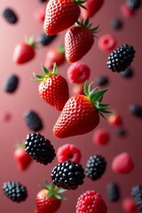 Vibrant Red Strawberries and Blackberries Falling on a Maroon Background Fresh Fruit Food