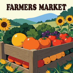 Fresh vector illustration of autumn vegetable basket with pumpkins, tomatoes, peppers, and cucumbers – perfect for healthy diet, organic market, Halloween harvest, and vegetarian food design concepts.