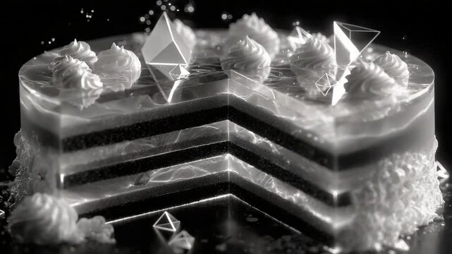 Elegant Monochrome Cake Display with Abstract Geometric Accents in a Dark Setting