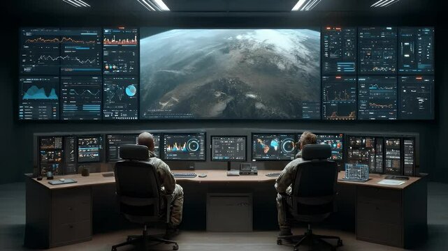 Military personnel monitoring global data and Earth view in a high-tech control center.