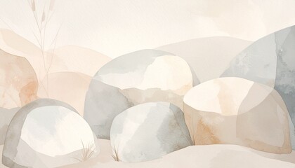Minimalist Watercolor Painting of Stacked Rocks in Neutral Earth Tones. Ideal for interior design, wellness and mindfulness themes, soft brand aesthetics, or abstract digital backgrounds 