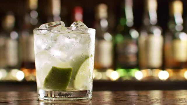 A glass of caipirinha with ice and lime on a bar surface top