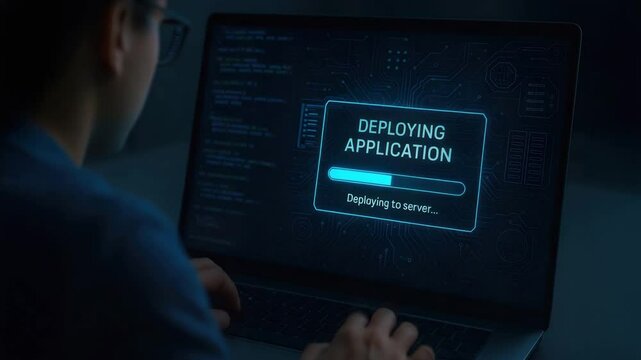 Computer engineering software application deploying progress on server with technology code running on laptop in dark environment
