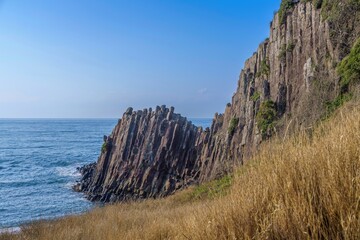 展望台から見下ろす穏やかな日本海と柱状節理のコラボ情景