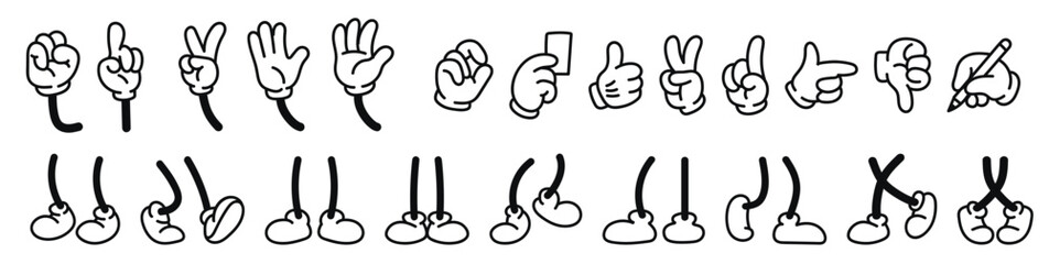 Vintage Cartoon Hands in Gloves & Feet in Shoes – Cute Character Body Parts, Arm Gestures, Walking Legs & Foot Pose Vector Set