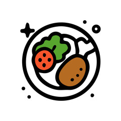 A simple, stylized illustration of a plate with food, including vegetables and meat.