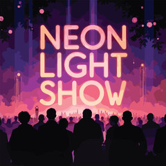 Bright neon sign illustration featuring night business, shopping, and party themes with glowing red and blue lights – perfect for internet sales, New Year celebrations, and modern marketing designs.

