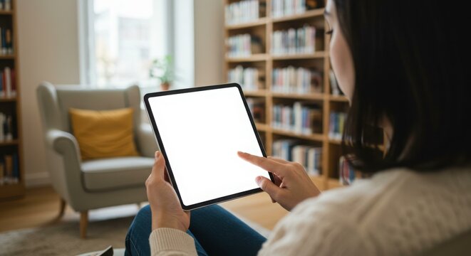 A woman using a tablet with a blank screen, sitting in a library. - Powered by Adobe