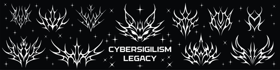 Cybersigilism Tattoo legacy, Neo tribal Cyber patterns in different styles. Gothic tattoo, 3D digital art. Vector silhouette