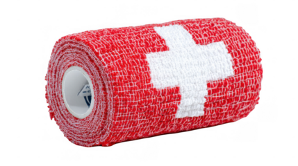 Red elastic bandage featuring a white cross, isolated on a transparent background, symbolizing healthcare, first aid, and support for injuries and wounds in various medical settings