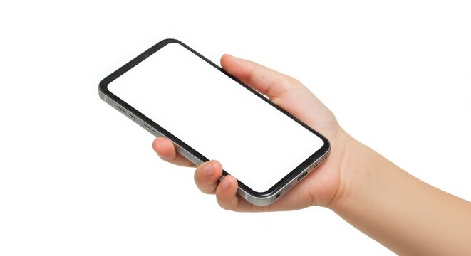 A child's hand holds a blank smartphone screen against a white background.