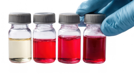 Gloved hand picking up a vial containing red liquid, alongside other vials with varying shades of red and yellow liquids, against a transparent background