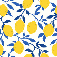 Hand drawn colorful seamless pattern of hand drawn lemons. Citrus fruit background. Perfect for textile manufacturing wallpaper posters etc. Vector illustration