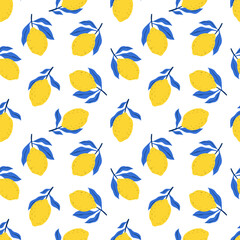 Hand drawn colorful seamless pattern of hand drawn lemons. Citrus fruit background. Perfect for textile manufacturing wallpaper posters etc. Vector illustration