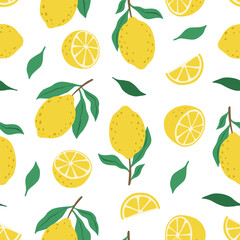 Hand drawn colorful seamless pattern of hand drawn lemons. Citrus fruit background. Perfect for textile manufacturing wallpaper posters etc. Vector illustration