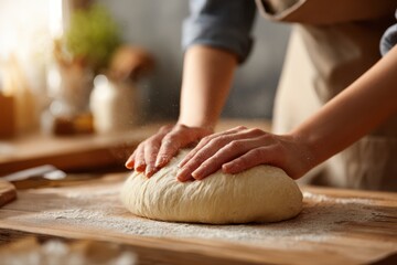 A person kneading dough on a wooden table, surrounded by ingredients and baking tools for making bread at home.