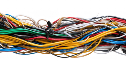 Colorful electrical cables are tangled together, forming a chaotic and disorganized mess against a transparent background, emphasizing the complexity and potential hazards of unmanaged wiring