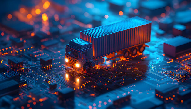 Cargo logistics management tech concept. Truck on digital data network illustrates transportation optimization. Modern transport system, global business, supply chain, data analytics, tracking