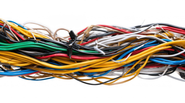 Colorful electrical cables are tangled together, forming a chaotic and disorganized mess against a transparent background, emphasizing the complexity and potential hazards of unmanaged wiring - Powered by Adobe