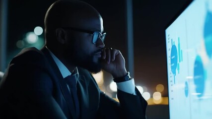 Serious african american businessman analyzing financial data at night office - Powered by Adobe