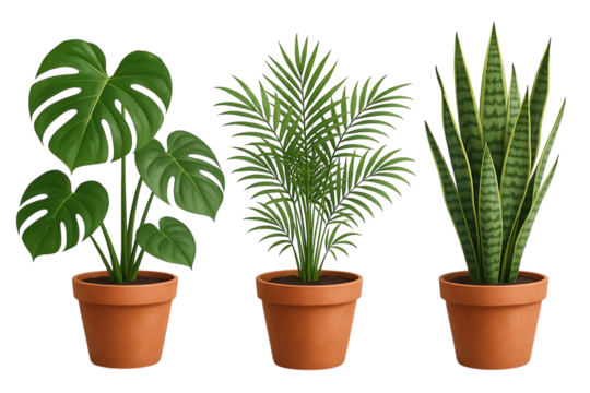 potted ornamental plants (monstera, palm, sansevieria), front view, clean white background,aloe,garden,cactus