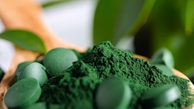 Close-up view of green spirulina powder and tablets on wooden spoon with blurred green leaf background.