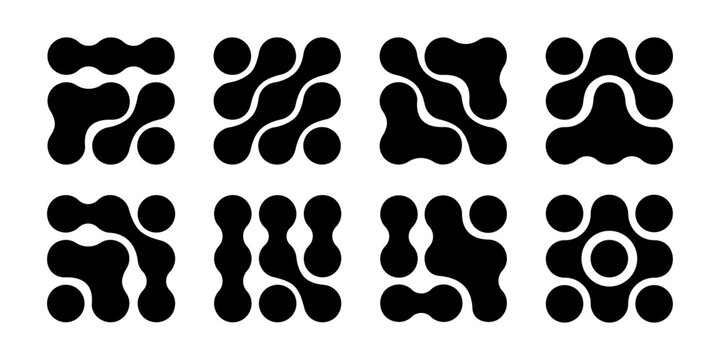 Metaball textures. Connected liquid drops, round dots or morph shapes background. Organic blobs, neurons or molecules isolated on white background. Modern abstract prints. Vector graphic illustration.