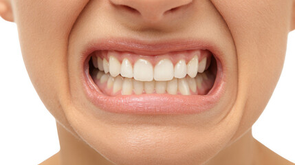 Close up of a woman gritting her teeth, revealing perfect white teeth, against a transparent background, useful for dental and healthcare related projects