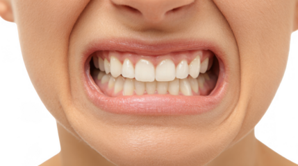 Close up of a woman gritting her teeth, revealing perfect white teeth, against a transparent background, useful for dental and healthcare related projects