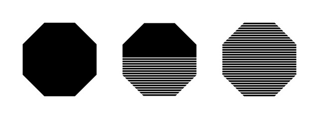 Black whole, streaked and half-striped octagon shapes isolated on white background. Minimalistic geometric elements. Vector graphic illustration.