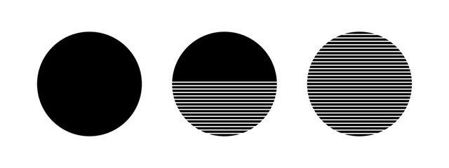 Black whole, streaked and half striped circles isolated on white background. Round shapes. Sunrise or sunset over the sea. Minimalistic geometric elements. Vector graphic illustration.