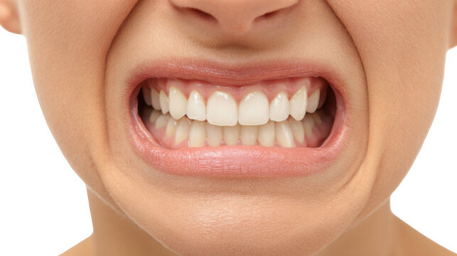 Close up of a woman gritting her teeth, revealing perfect white teeth, against a transparent background, useful for dental and healthcare related projects
