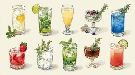 Cocktail Collection: A vibrant collection of twelve diverse cocktails, each meticulously illustrated with fresh ingredients and ice.  The image showcases a variety of styles and colors.
