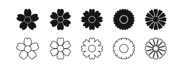 Set of various flower icons. Camomile, chrysanthemum or gerbera silhouettes isolated on white background. Collection of floral design elements. Spring or summer concept. Vector graphic illustration.