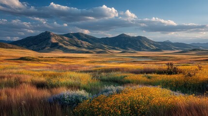 Fototapeta premium Majestic Mountain Range Vista with Rolling Fields and Dynamic Cloud Formations